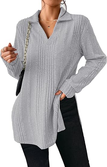 V Neck Side Slit Long Sleeve Shirts