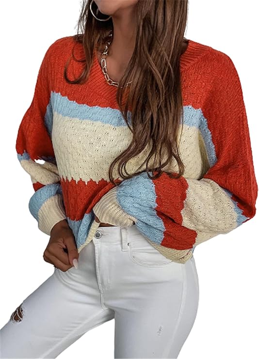 Color Block Long Lantern Sleeve Ribbed Sweater