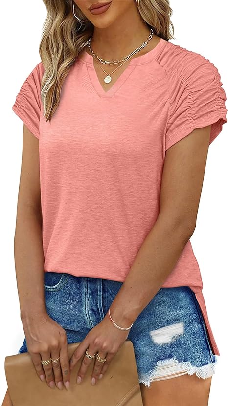 V Neck Ruched Short Sleeve Top