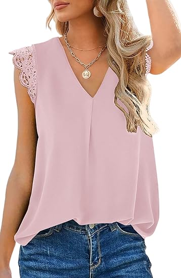 V Neck Lace Sleeveless Pleated Top