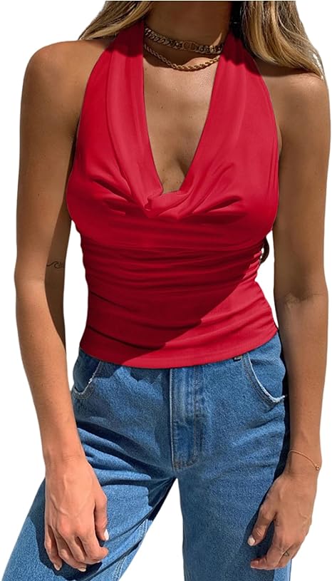 Halter Backless Cowl Neck Sleeveless Top