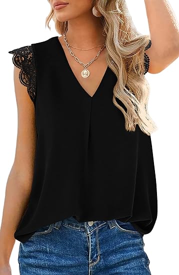 V Neck Lace Sleeveless Pleated Top