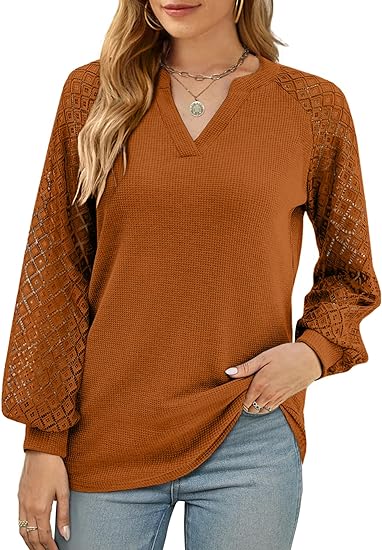 Knit V Neck Lace Long Sleeve Top