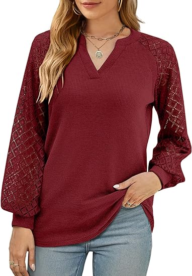 Knit V Neck Lace Long Sleeve Top