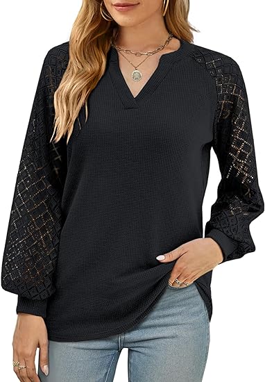 Knit V Neck Lace Long Sleeve Top