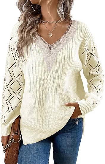 Lace V Neck Long Sleeve Side Split Sweaters