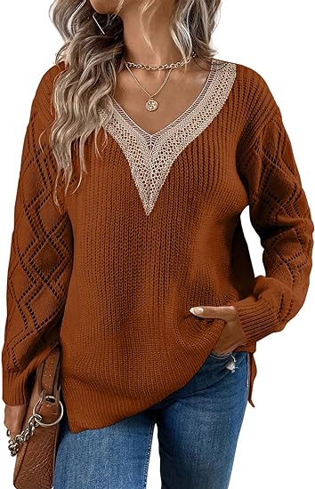 Lace V Neck Long Sleeve Side Split Sweaters