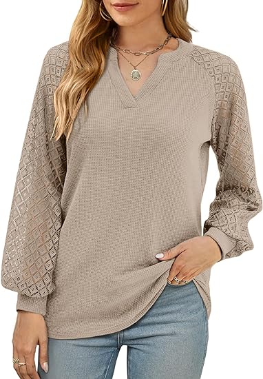 Knit V Neck Lace Long Sleeve Top