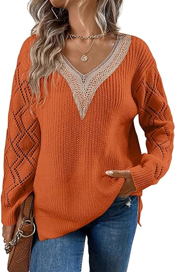 Lace V Neck Long Sleeve Side Split Sweaters