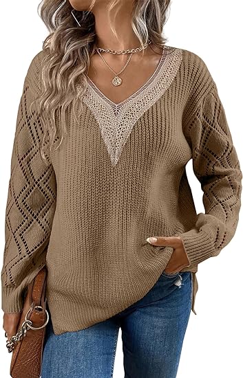 Lace V Neck Long Sleeve Side Split Sweaters