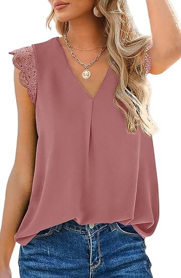 V Neck Lace Sleeveless Pleated Top