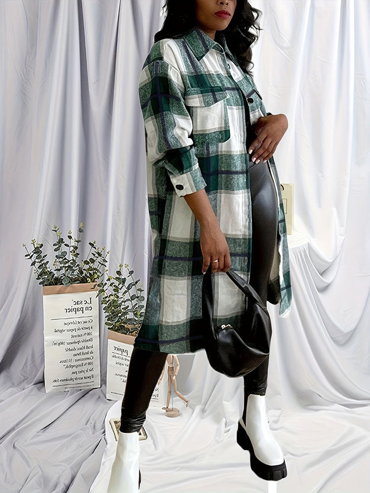 Plus Size Button Down Plaid Print Cardigan