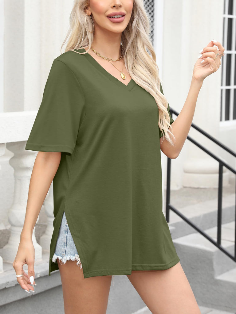 Short Sleeve Side Slit V Neck Top