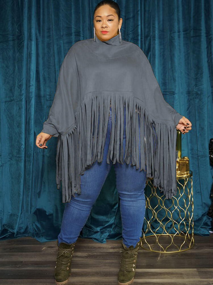 Batwing Sleeve Zipper Tassel Ponchos Tops Tiynon