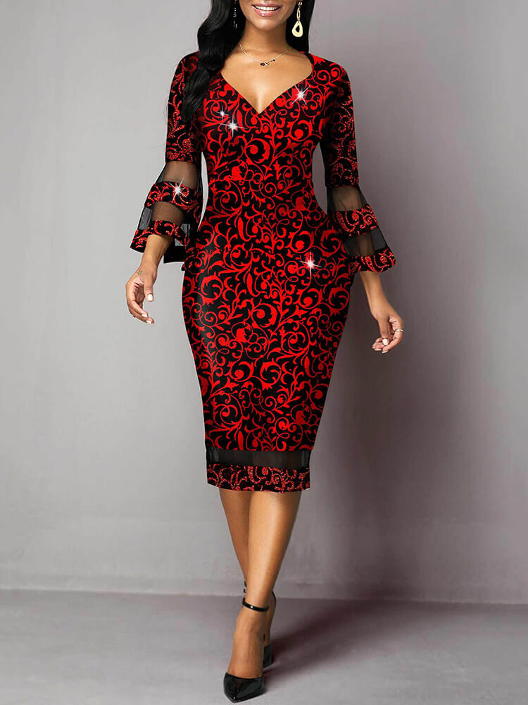 Bell Sleeve Floral Print Bodycon Midi Dresses Tiynon