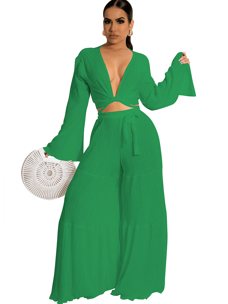 Bell Sleeves Crop Tops Wide Leg Pants Set Tiynon