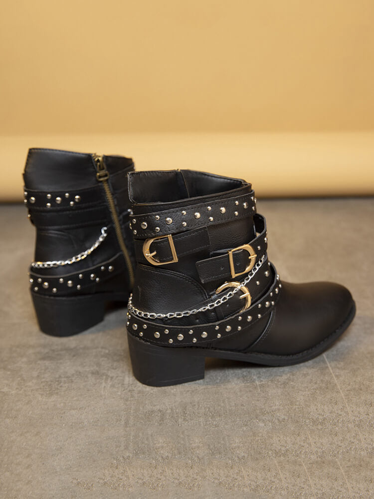 Belt Buckle Thick Heel PU Booties Tiynon