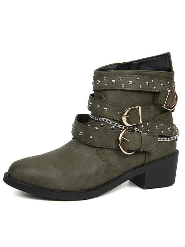 Belt Buckle Thick Heel PU Booties Tiynon