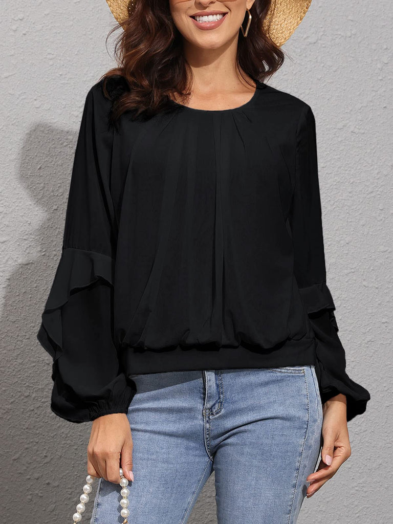 Ruffles Long Sleeve Pleated Crew Neck Top