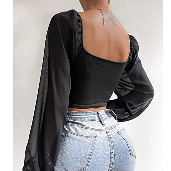 Long Sleeve Square Neck Corset Crop Top