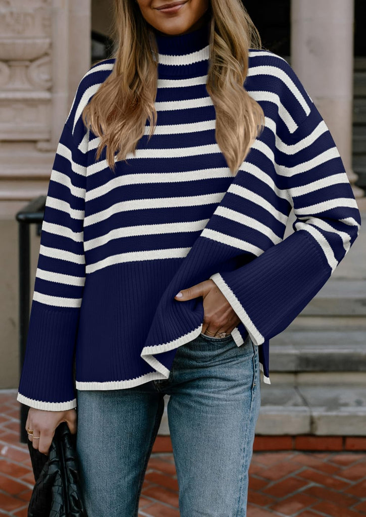 Long Sleeve Turtle Neck Striped Knit Top