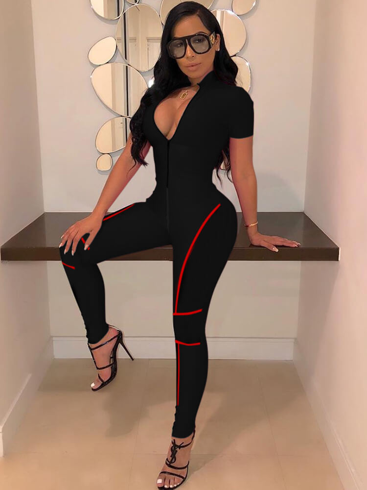 Bodycon Stitching Short Sleeve Jumpsuit With Zipper Tiynon