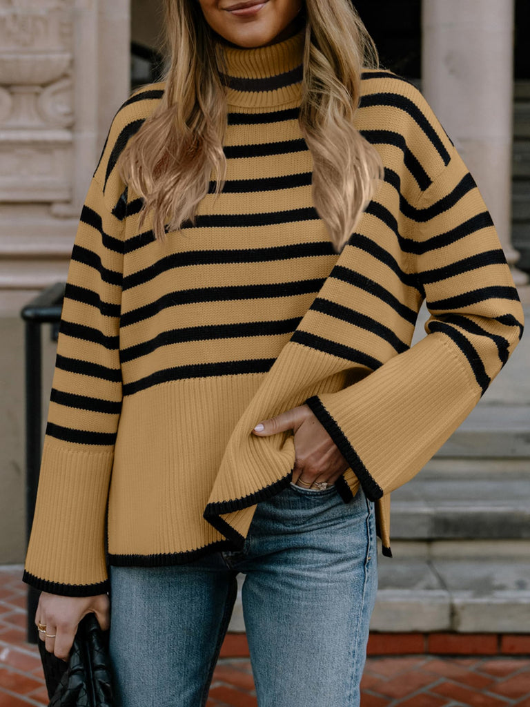 Long Sleeve Turtle Neck Striped Knit Top