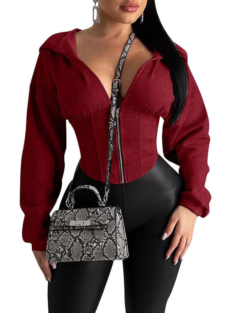 Casual Long Sleeve Zipper Crop Tops Tiynon