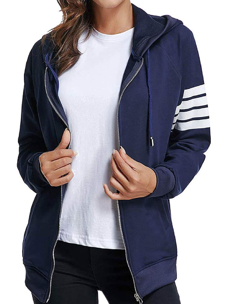 Casual Striped Long Sleeve Full Zip Jacket with Pockets Tiynon