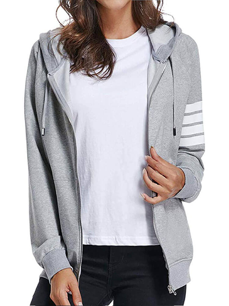 Casual Striped Long Sleeve Full Zip Jacket with Pockets Tiynon