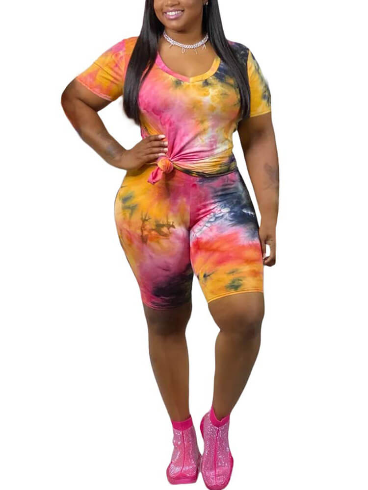 Casual Tie Dye Print Shirt & Bodycon Shorts Tiynon