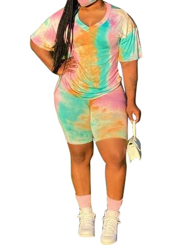 Casual Tie Dye Print Shirt & Bodycon Shorts Tiynon