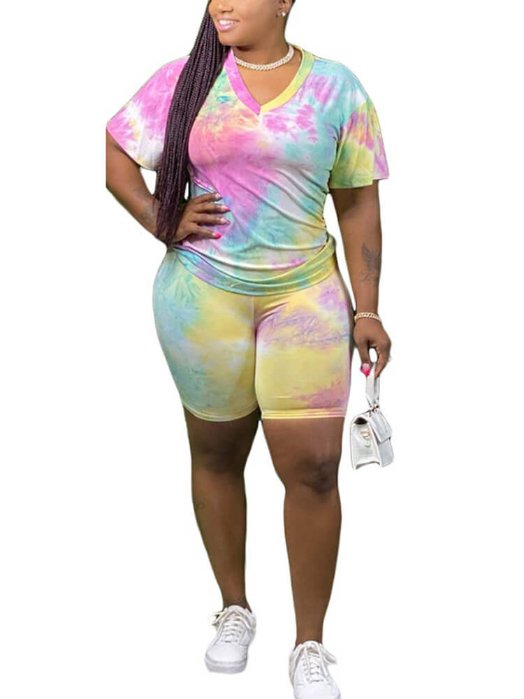 Casual Tie Dye Print Shirt & Bodycon Shorts Tiynon