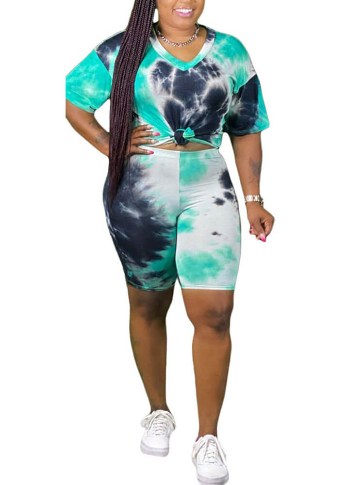 Casual Tie Dye Print Shirt & Bodycon Shorts Tiynon