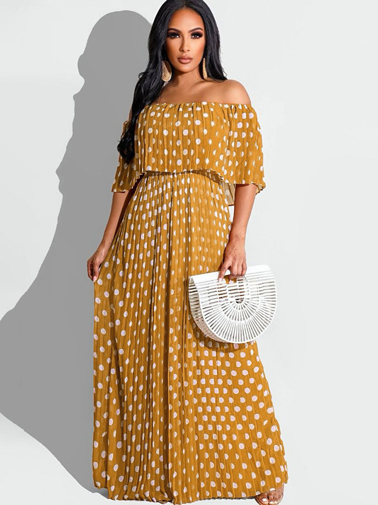 Chiffon Off Shoulder Polka Dot Maxi Dresses Tiynon