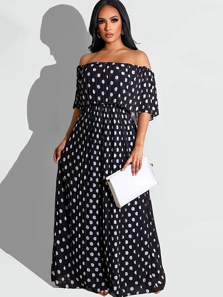 Chiffon Off Shoulder Polka Dot Maxi Dresses Tiynon