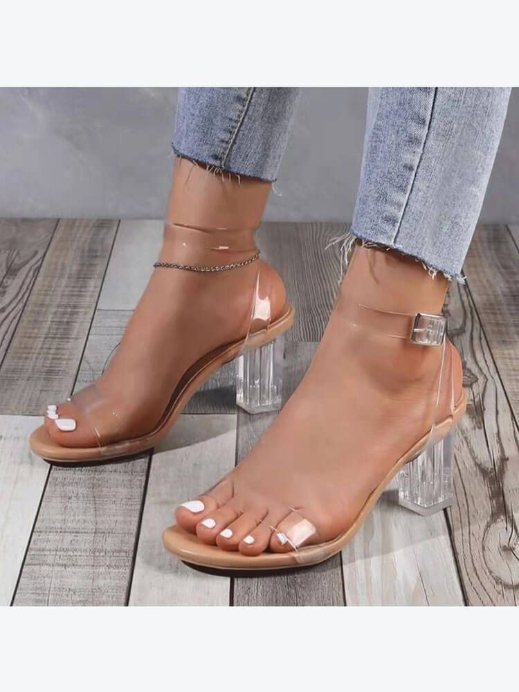 Chunky Block Transparent Strappy Open Toe Heels Tiynon