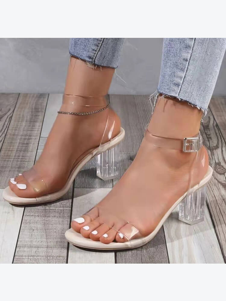 Chunky Block Transparent Strappy Open Toe Heels Tiynon