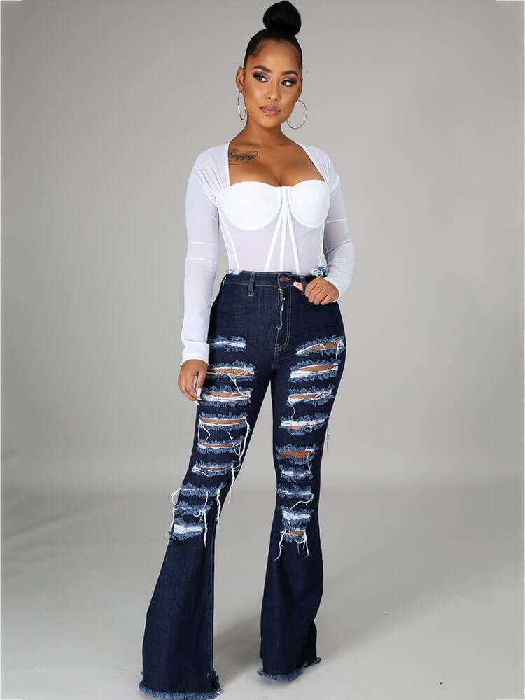 Classic Hole Distressed Flare Bell Bottom Denim Jeans Tiynon