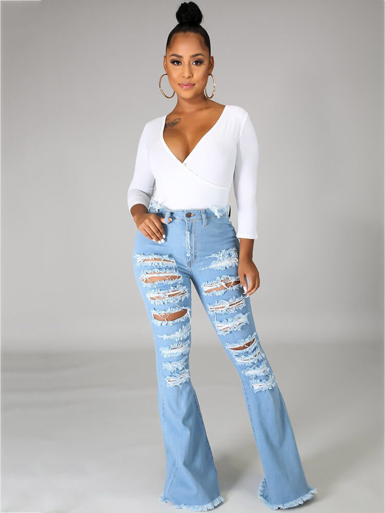 Classic Hole Distressed Flare Bell Bottom Denim Jeans Tiynon