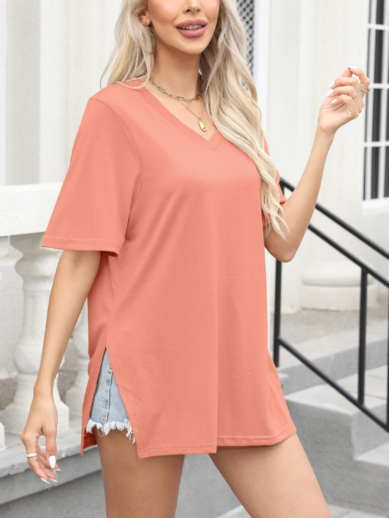 Short Sleeve Side Slit V Neck Top