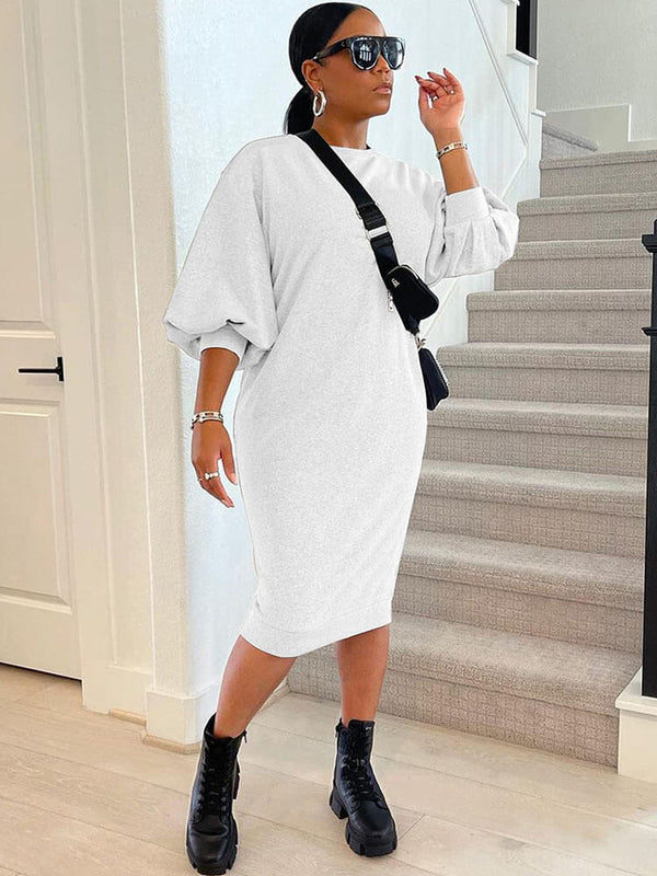 Crew Neck Puff Sleeve Midi Dress Tiynon