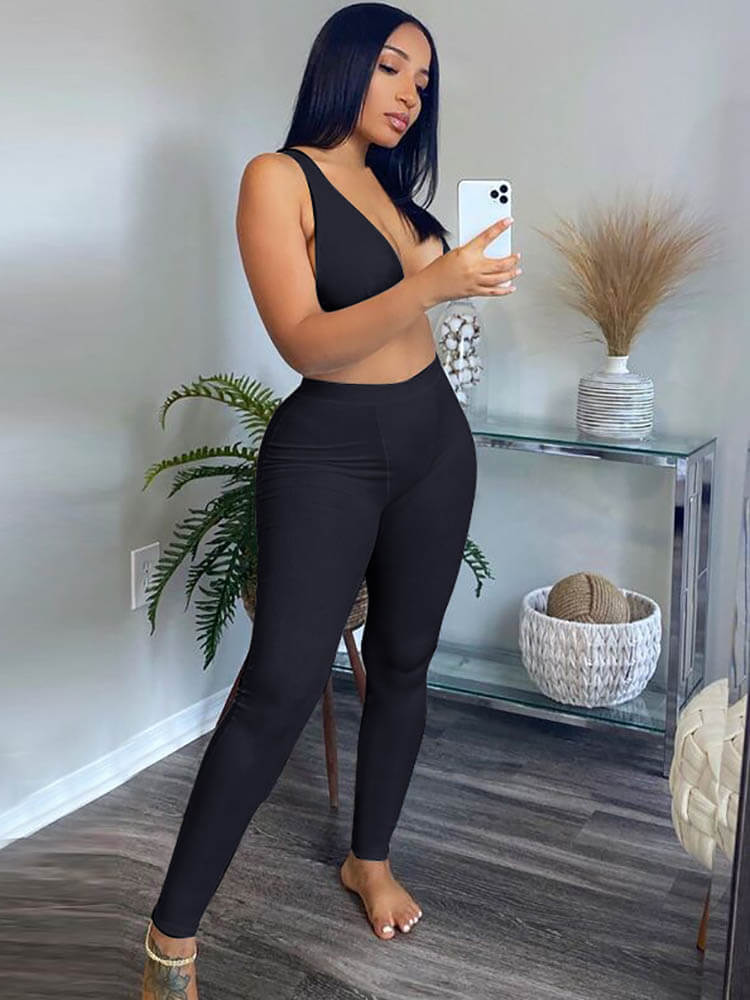 Deep V Neck Crop Top & Bodycon Long Pants Tiynon