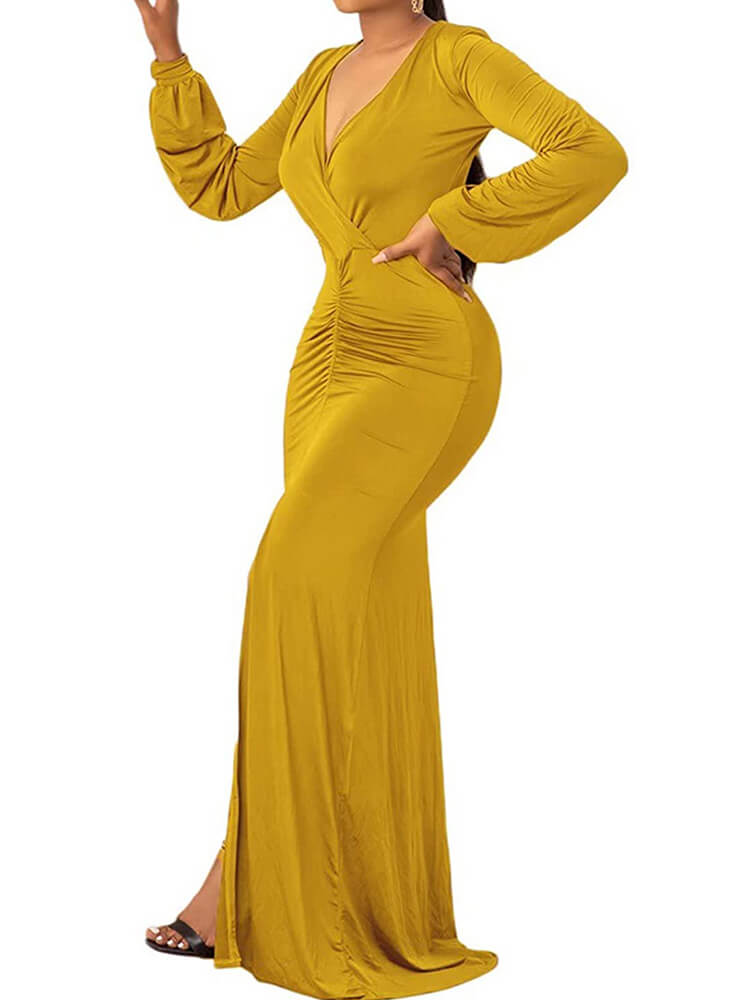 Deep V Neck Long Sleeve Ruched Maxi Dress Tiynon