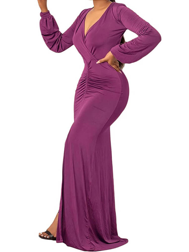 Deep V Neck Long Sleeve Ruched Maxi Dress Tiynon