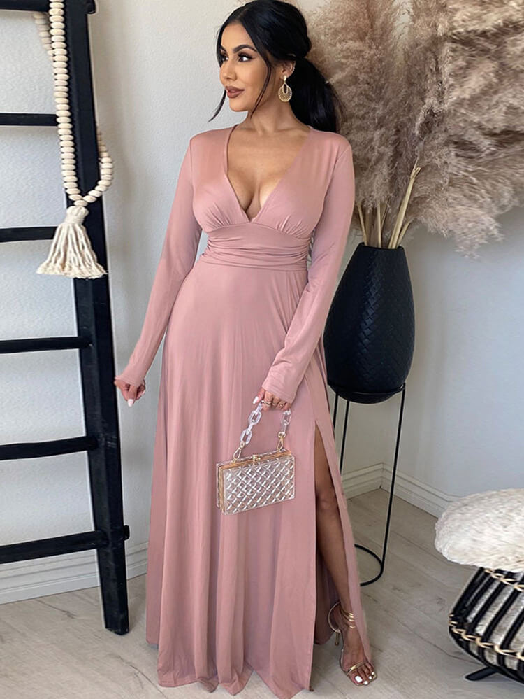 Deep V Neck Ruched Long Sleeve Slit Maxi Dress Tiynon