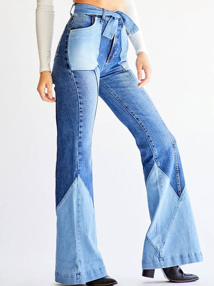 Denim Color Block Flare Jeans With Belt Tiynon