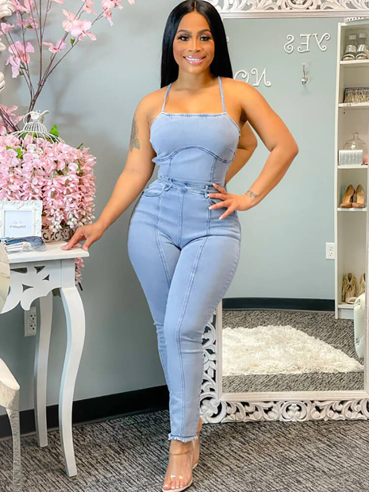 Denim Halter Neck Backless Bodycon Jumpsuits Tiynon