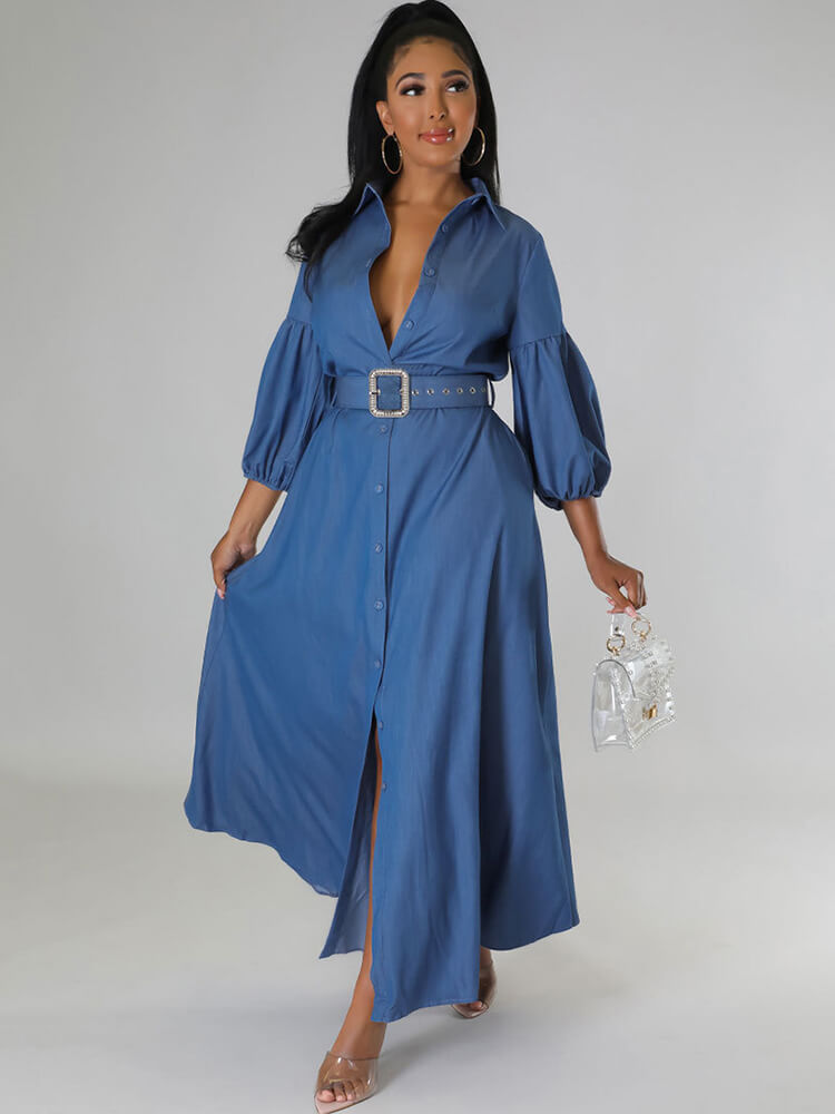 Denim Lantern Sleeve Bodycon Maxi Dresses Tiynon