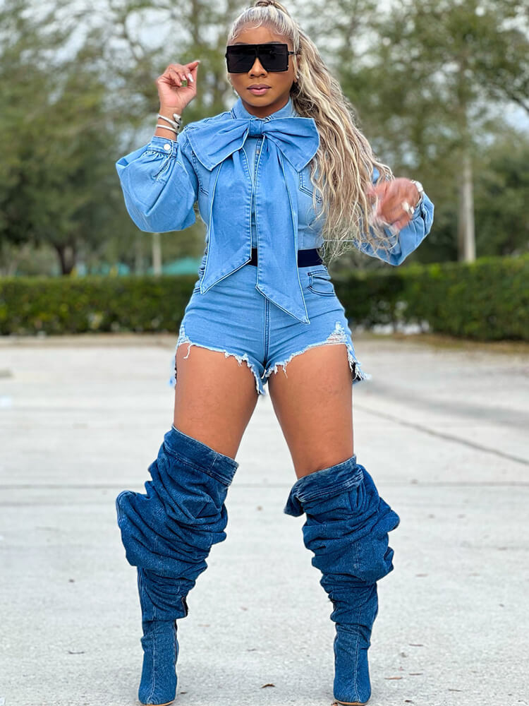 Denim Long Sleeve Ripped Bodycon Short Jumpsuit Tiynon